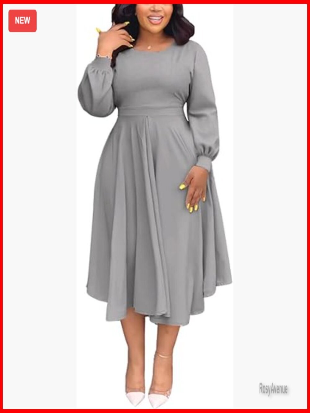 Plus Size Maxi Dress Long Puff Sleeves High Waist A-Line Polyester Spandex